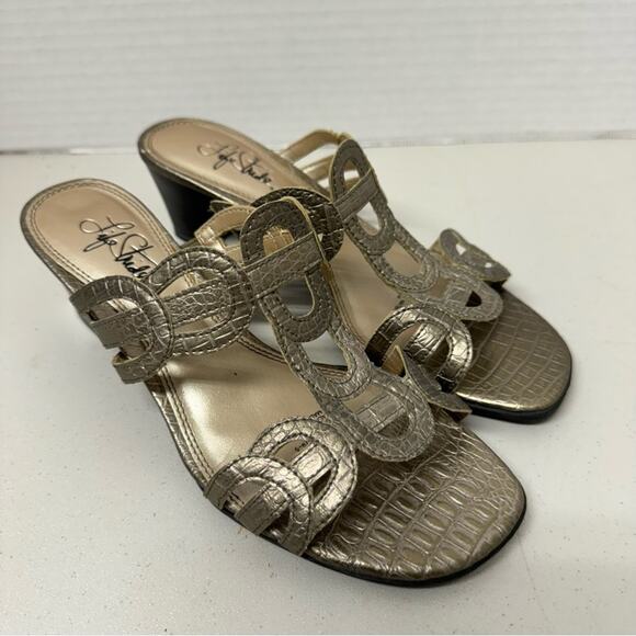 Life Stride Bronze Faux Leather Strappy Mule Heels Womens 7 Kitten Heel Y2K 90s - Picture 2 of 7